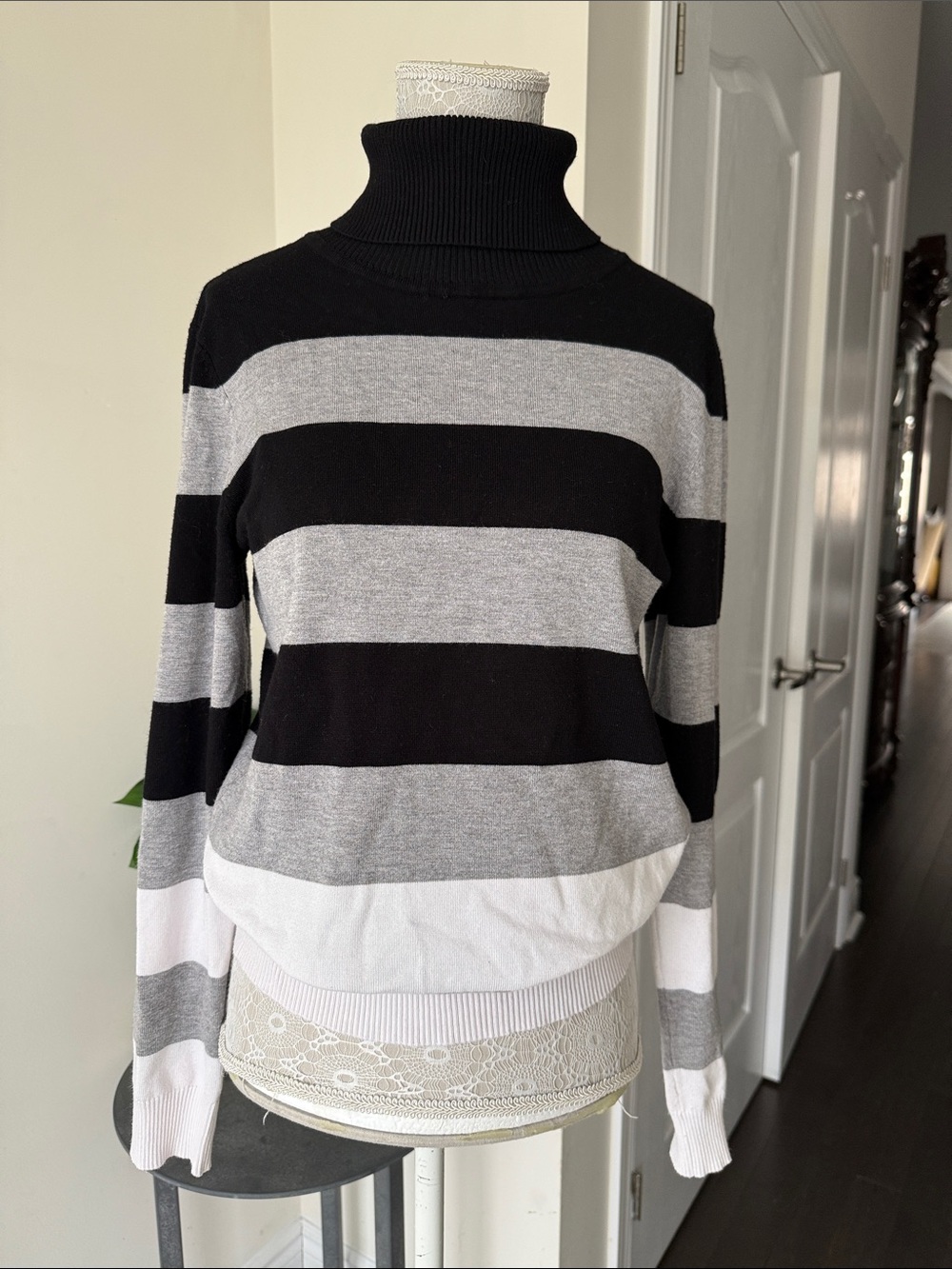 Calvin Klein Black, Gray & White Striped Turtleneck Sweater